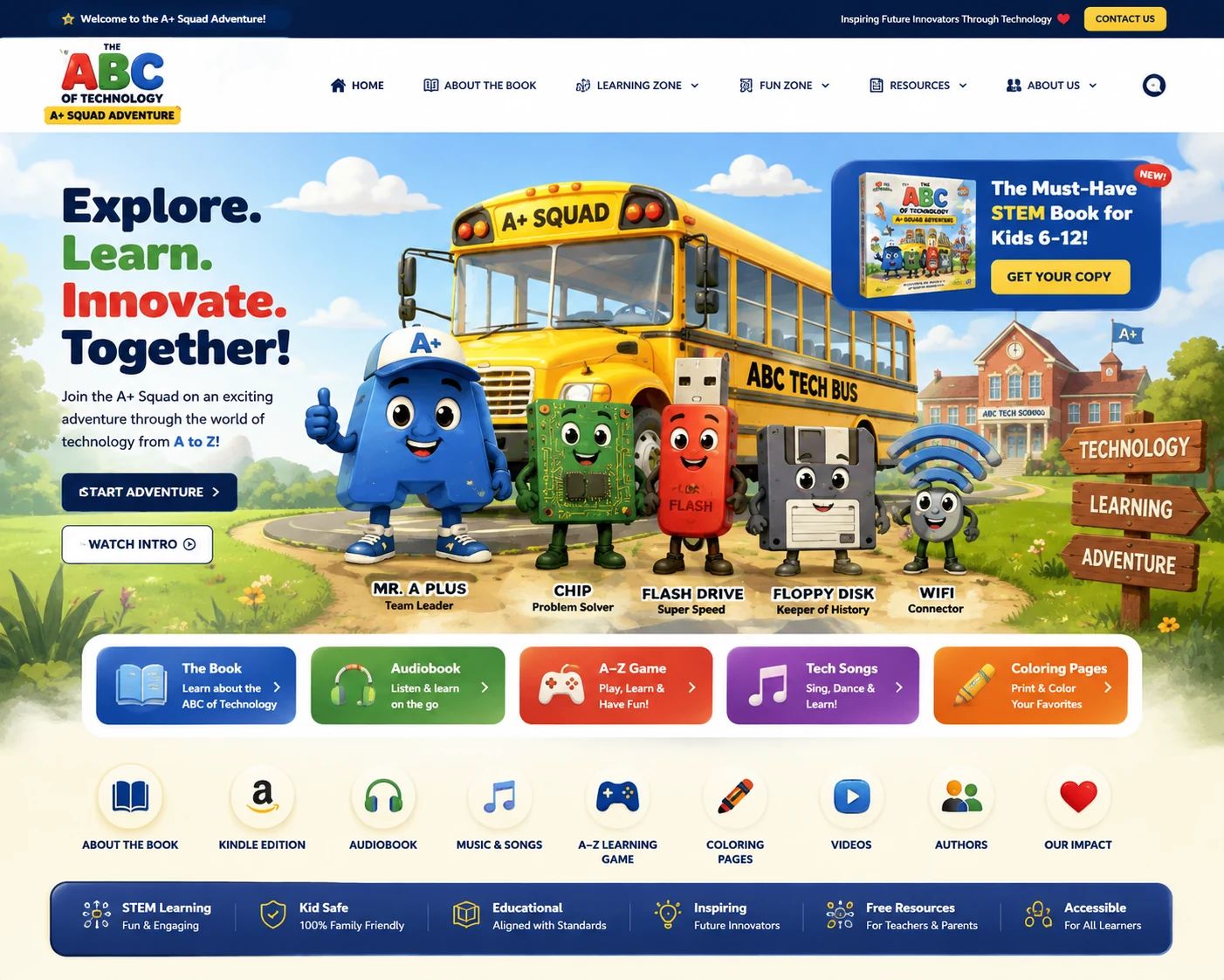 Colorful ABC of Technology A+ Squad learning adventure with technology characters and a school bus