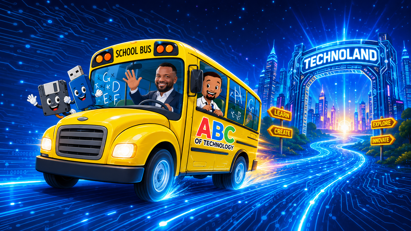 ABC Tech Bus and characters traveling to Technoland